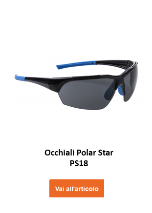 Immagine degli occhiali Polar Spectacle PS18 in nero con dettagli blu e link all'articolo.