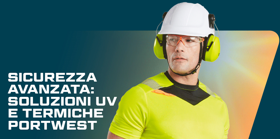 Un lavoratore indossa un casco bianco, protezioni per le orecchie gialle, occhiali di sicurezza arancioni e una maglietta gialla a maniche corte con dettagli neri e strisce riflettenti. A sinistra dell'immagine c'è una scritta bianca: Advanced Security - Portwest's UV and Thermal Solutions.