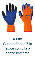 Immagine dei guanti Duo-Therm A185 arancioni con palmo blu, punte nere e polsino rosso. Il link porta alla pagina del prodotto.