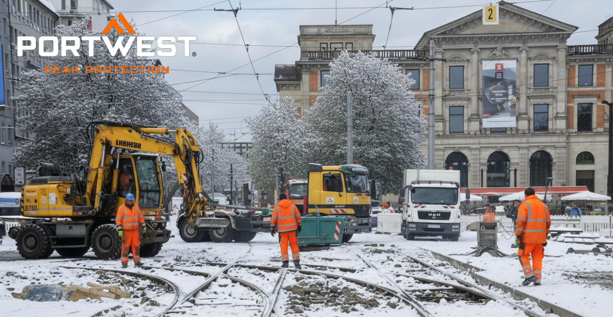Operai edili in abbigliamento arancione ad alta visibilità lavorano in un cantiere stradale innevato con escavatori, camion e binari; sullo sfondo si vedono edifici storici e il logo Portwest per la sicurezza sul lavoro è visibile.
