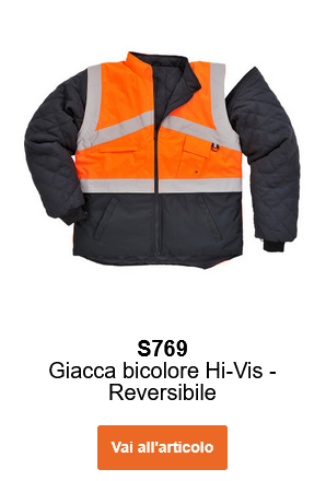 Immagine della giacca reversibile ad alta visibilità bicolore S769 in arancione e nero con bande riflettenti.