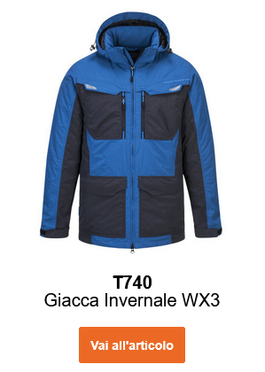 Immagine della giacca invernale WX3 T740 in blu con dettagli neri.