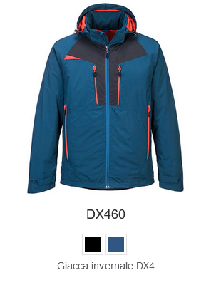 Giacca invernale DX460 in blu con dettagli arancio-neri e link all'articolo.