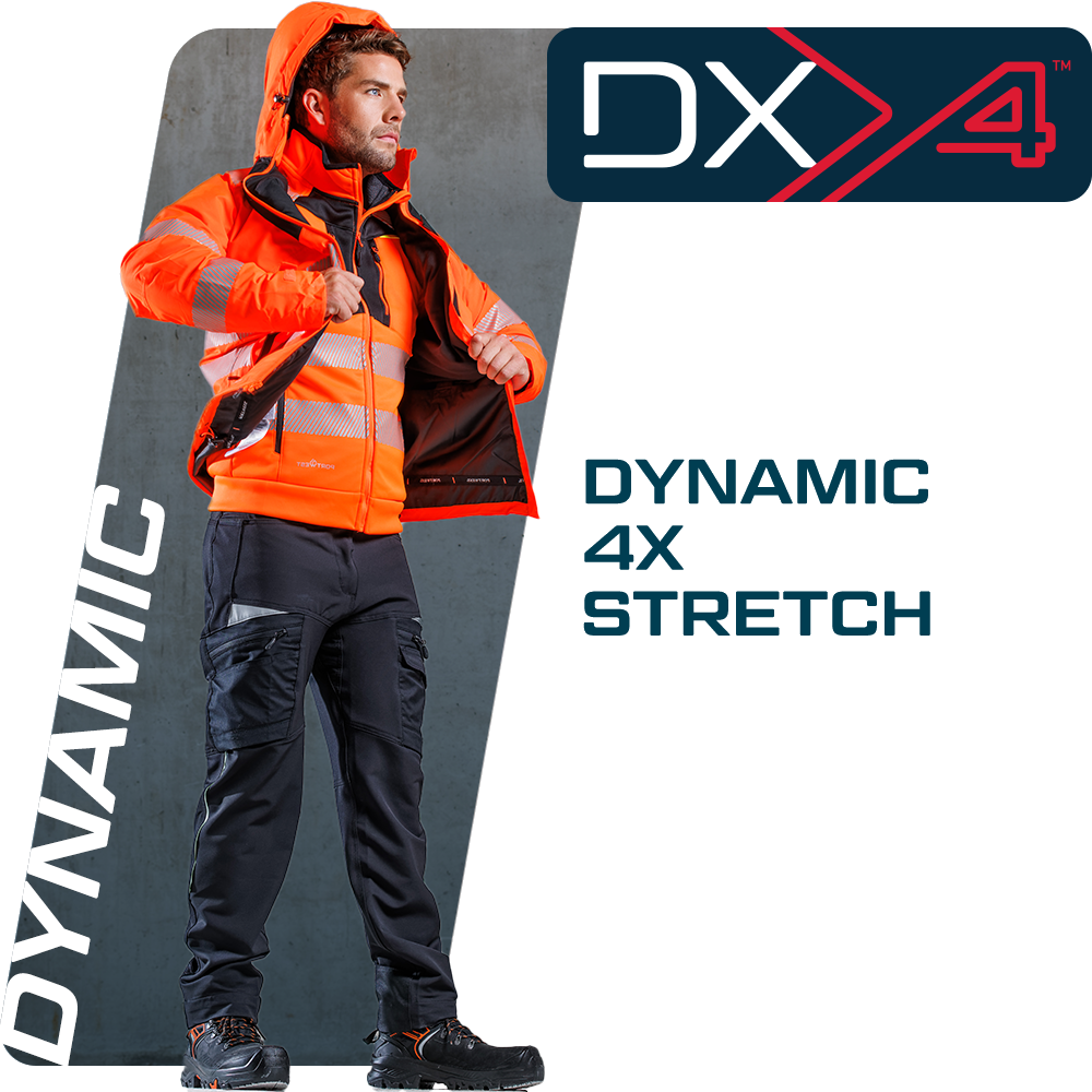 Modello maschile con barba e taglio di capelli corto castano in abbigliamento da lavoro della collezione DX4. All'esterno sono presenti scritte che pubblicizzano la collezione DX4 e il collegamento fornito conduce all'intera collezione DX4.