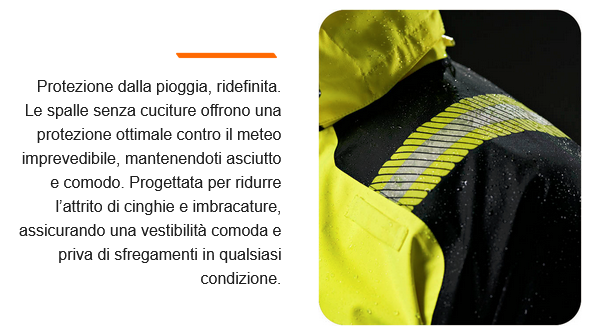 Primo piano di una giacca da lavoro gialla e nera con gocce d'acqua sulla superficie. Il materiale è impermeabile e le spalle senza cuciture riducono l'attrito, garantendo maggiore comfort e protezione in caso di maltempo. C'è un collegamento che porta alla collezione PW3™.