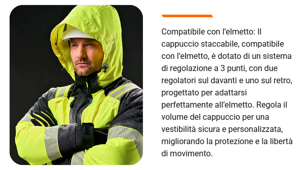 Un uomo con la barba indossa una giacca da lavoro gialla e nera con elementi riflettenti e cappuccio. Il cappuccio è compatibile con il casco, rimovibile e dotato di un sistema di regolazione a 3 punti per una vestibilità ottimale. Accanto all'immagine è presente un testo sulla compatibilità dei caschi della collezione PW3™. C'è un collegamento che porta alla collezione PW3™.