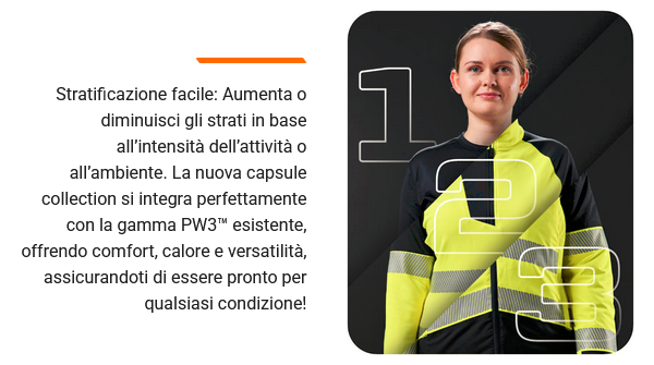 Ripresa di una donna in tuta da lavoro gialla di sicurezza che guarda direttamente nella telecamera. I numeri 1, 2 e 3 sono in primo piano nell'immagine. Accanto all'immagine è presente un testo informativo sulla possibilità di indossare a strati i vestiti della collezione PW3™. C'è un collegamento che porta alla collezione PW3™.