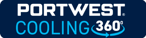 Logo in tessuto Portwest Cooling 360 in azzurro e bianco su sfondo blu scuro.