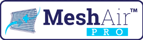 Logo in tessuto MeshAir Pro in varie tonalità di blu.