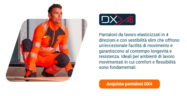 Breve introduzione alla collezione DX4 con un'immagine che mostra un operaio in abbigliamento arancione ad alta visibilità che solleva una tavola da terra. Viene fornito un collegamento alla collezione DX4.