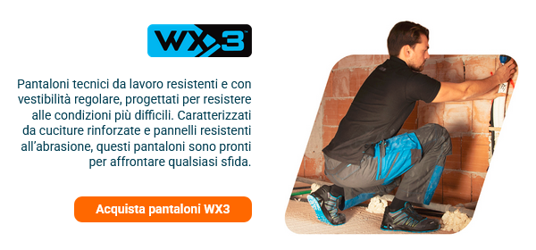 Breve introduzione alla collezione WX3 con un'immagine che mostra un muratore in abiti da lavoro neri e grigio-blu che prende misure su un muro di mattoni non intonacato. Viene fornito un collegamento alla collezione WX3.