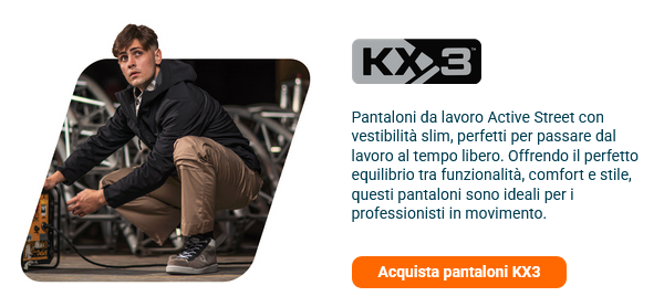 Breve presentazione della collezione KX3 con un'immagine che mostra un lavoratore in abiti da lavoro casual con pantaloni beige, scarpe da ginnastica e una giacca softshell nera. Sta lavorando su un palco e la sua mano è su un tamburo per cavi. Viene fornito un collegamento alla collezione KX3.