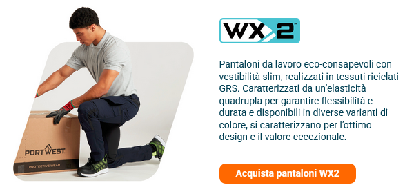 Breve introduzione alla collezione WX2 con l'immagine di un operaio con pantaloni da lavoro neri, polo grigia e guanti. Si inginocchia sul pavimento e chiude una scatola. Viene fornito un collegamento alla collezione WX2.