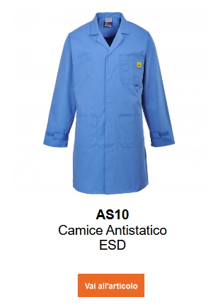 Immagine del camice antistatico AS10 in blu. È disponibile un link all'articolo.