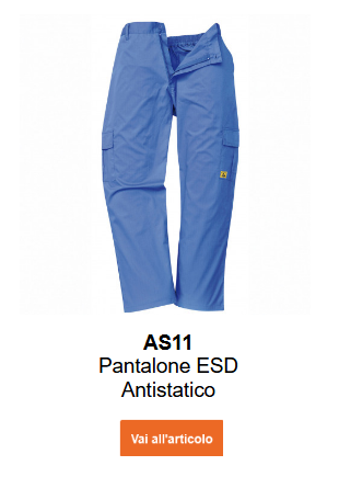 Immagine dei pantaloni antistatici ESD AS11 in blu. Viene fornito un link all'articolo.