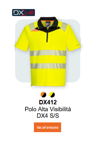Immagine della polo DX4 Hi-Vis a maniche corte con zip frontale DX412 in giallo con strisce riflettenti e dettagli neri e gialli. È disponibile un link all'articolo.
