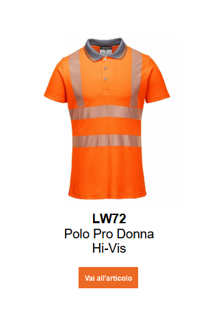Immagine della polo Pro Hi-Vis da donna LW72 in arancione con strisce riflettenti e colletto grigio. È disponibile un link all'articolo.
