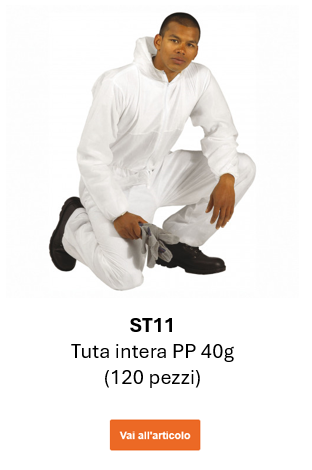 Immagine della tuta monouso PP 40g ST11 in bianco. Link alla pagina prodotto.