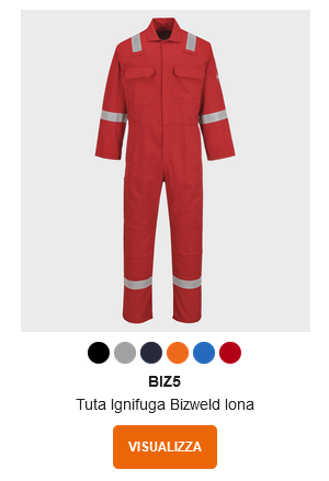 Esempio di immagine della tuta Bizweld Iona FR BIZ5 in rosso con un link all'articolo.