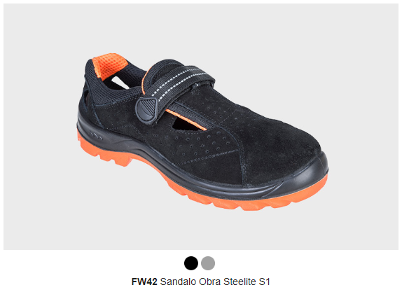 Immagine del sandalo FW42 Steelite Obra S1 in nero con dettagli e suola arancioni. Link fornito all'articolo.