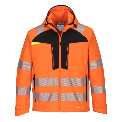 Immagine della giacca softshell ad alta visibilità DX4 DX475 in arancione con un collegamento all'articolo.