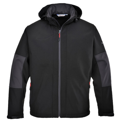 Immagine della giacca softshell impermeabile con cappuccio TK53 in nero con link all'articolo.