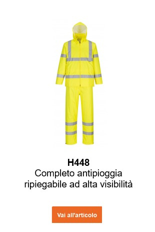Immagine della tuta antipioggia ad alta visibilità H448, facilmente ripiegabile, in giallo, con un collegamento alla pagina del prodotto.