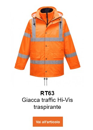 Immagine della giacca da traffico traspirante ad alta visibilità RT63 in arancione con un collegamento che porta alla pagina del prodotto.