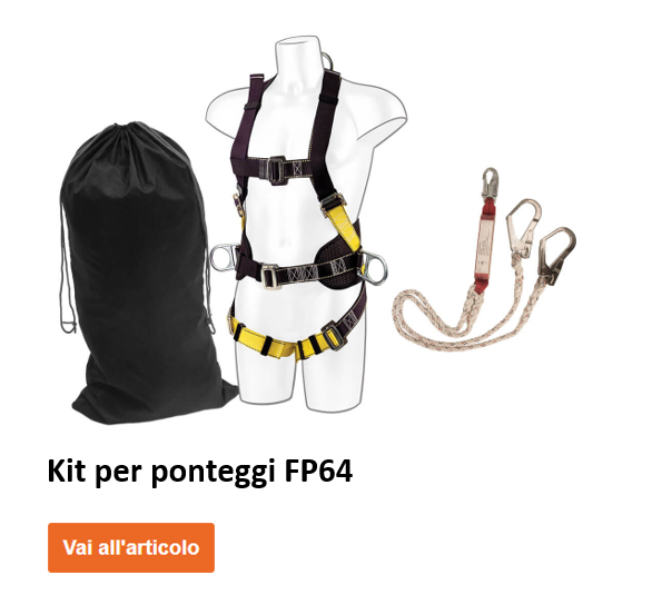 Set di impalcatura FP64 su manichino insieme al relativo assorbitore di energia e una borsa in nylon nera per riporlo. Viene fornito un pulsante arancione con un collegamento all'articolo.