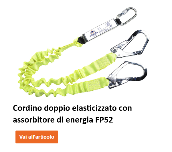 Doppia cinghia elastica con assorbitore di energia FP52 di colore giallo con pulsante arancione che conduce all'articolo.