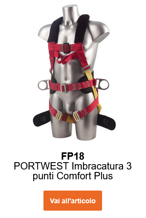 Immagine dell&rsquo;imbracatura Portwest 3 punti Plus FP18 in nero, rosso e giallo su manichino. Link alla pagina prodotto.