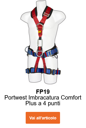 Immagine dell&rsquo;imbracatura Portwest 4 punti Comfort Plus FP19 in blu, rosso e nero su manichino. Link alla pagina prodotto.