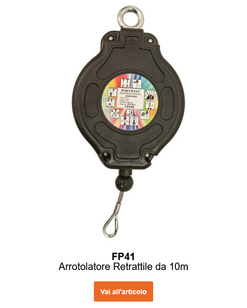 Immagine del dispositivo anticaduta retrattile con cavo in acciaio 10m FP41 in nero con occhielli argento e cavo in acciaio. Link alla pagina prodotto.