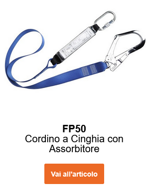 Immagine del cordino di posizionamento con dissipatore FP50 in blu con moschettoni argento. Link alla pagina prodotto.