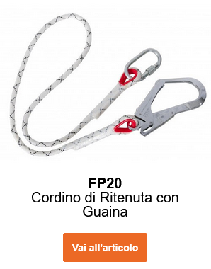 Immagine del cordino con anima in treccia FP20 in bianco con dettagli grigi e rossi e moschettoni argento. Link alla pagina prodotto.