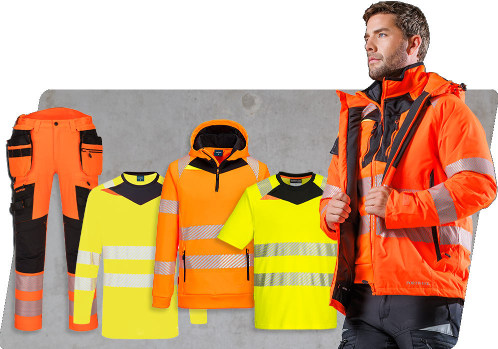 Vari modelli della collezione DX4 nei colori giallo alta visibilità e arancione alta visibilità, oltre ad un modello maschile che indossa una giacca alta visibilità arancione e pantaloni da lavoro neri. C'è un collegamento alla nostra collezione DX4.