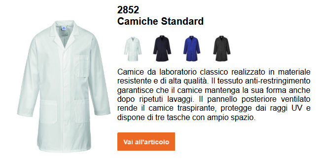 Immagine del camice da lavoro standard 2852 in bianco, corredata da una breve descrizione dell'articolo, consultabile sulla pagina del prodotto. È disponibile un link al prodotto.