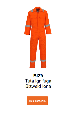 Immagine della tuta ignifuga Bizweld Iona BIZ5 in arancione. È disponibile un link all'articolo.