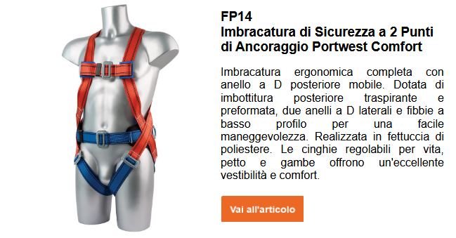 Immagine dell'imbracatura anticaduta Portwest Comfort a 2 punti FP14 in rosso e blu, insieme a una breve descrizione del prodotto, consultabile sulla pagina del prodotto. È presente un link al prodotto.
