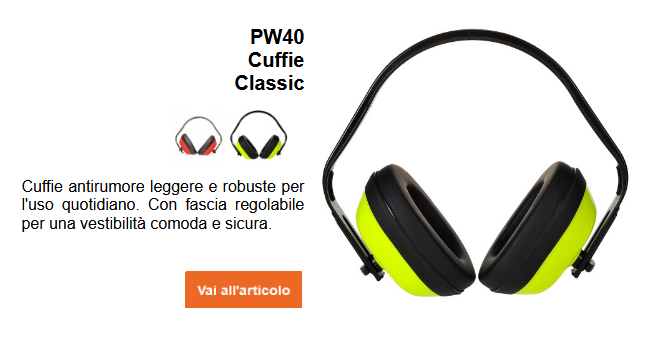 Immagine delle classiche cuffie antirumore PW40 in nero e giallo, corredata da una breve descrizione dell'articolo, disponibile sulla pagina prodotto. È presente un link al prodotto.