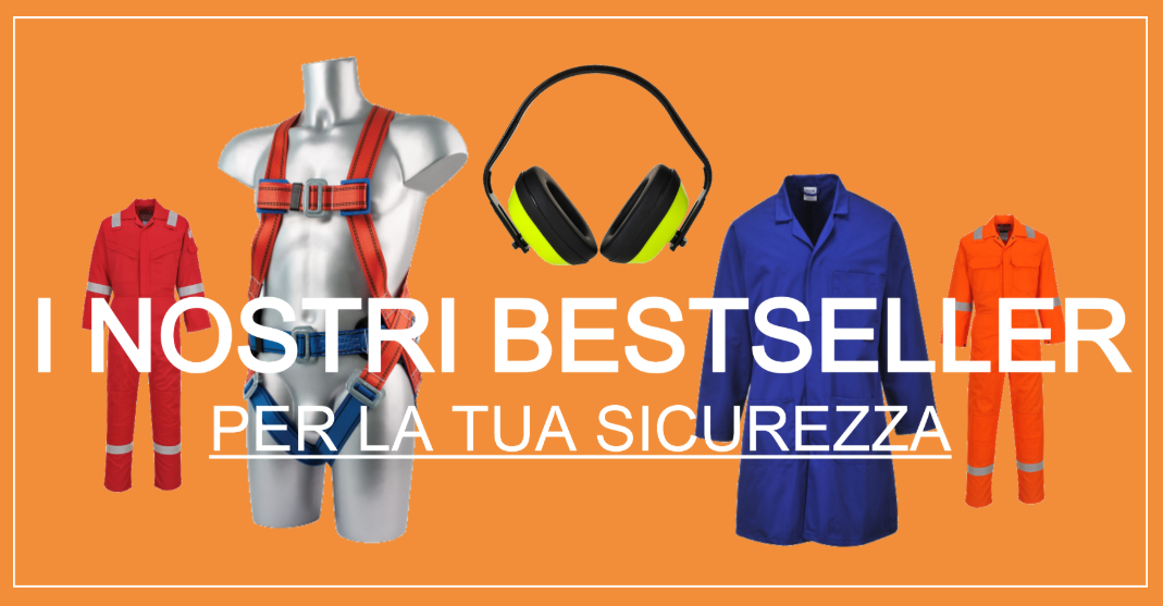 Una selezione dei nostri prodotti più richiesti (tuta ignifuga e antistatica Bizflame FR21 210g rossa, imbracatura comfort a 2 punti Portwest FP14 rossa e blu su busto in plastica grigia, cuffie antirumore PW40 classiche nere e gialle, camice da lavoro standard 2852 blu e tuta ignifuga Bizweld Iona BIZ5 arancione) su sfondo arancione. Davanti a essi è presente la scritta "I nostri bestseller per la vostra sicurezza" in stampatello bianco.