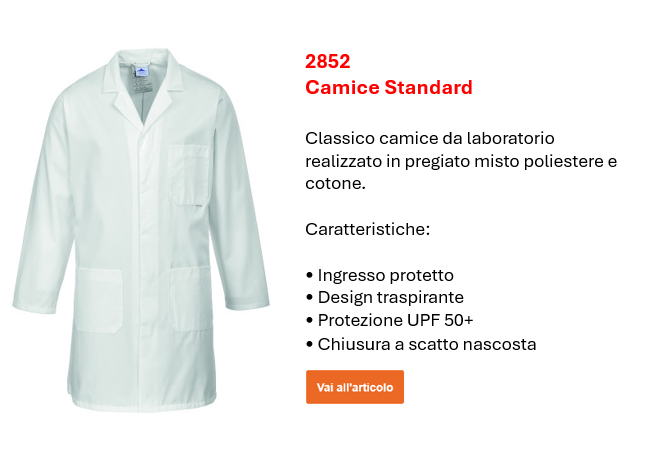 Immagine del camice da lavoro standard 2852 in bianco con un piccolo testo informativo e un collegamento che porta alla pagina dell'articolo.
