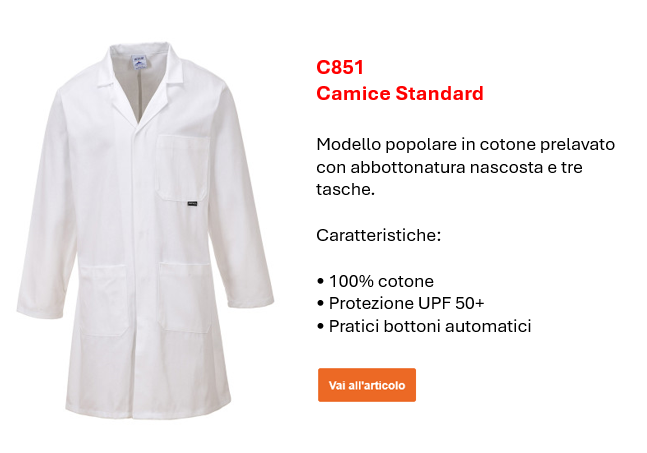 Immagine del cappotto standard C851 in bianco con piccolo testo informativo e un collegamento che porta alla pagina dell'articolo.