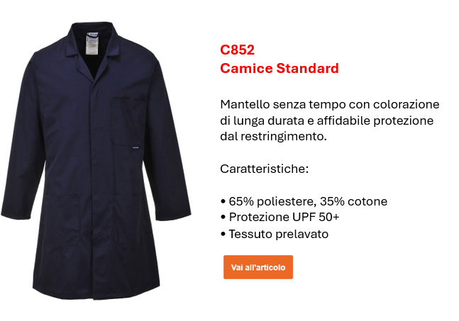 Immagine del cappotto standard C852 in blu con piccolo testo informativo. Viene fornito un collegamento alla pagina dell'articolo.