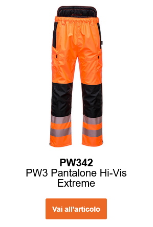 Immagine dei pantaloni antipioggia ad alta visibilit&agrave; PW3 Extreme PW342 in arancione con bande riflettenti e dettagli neri. &Egrave; presente un link all&rsquo;articolo.