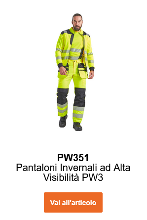 Immagine di un lavoratore con capelli castani e barba che indossa i pantaloni invernali ad alta visibilit&agrave; PW3 PW351 in giallo con giacca coordinata. &Egrave; presente un link ai pantaloni.