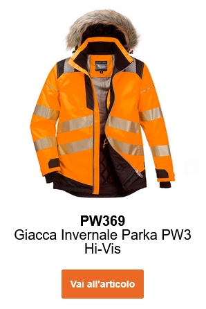Immagine del parka invernale ad alta visibilit&agrave; PW3 PW369 in arancione con bande riflettenti e dettagli neri.