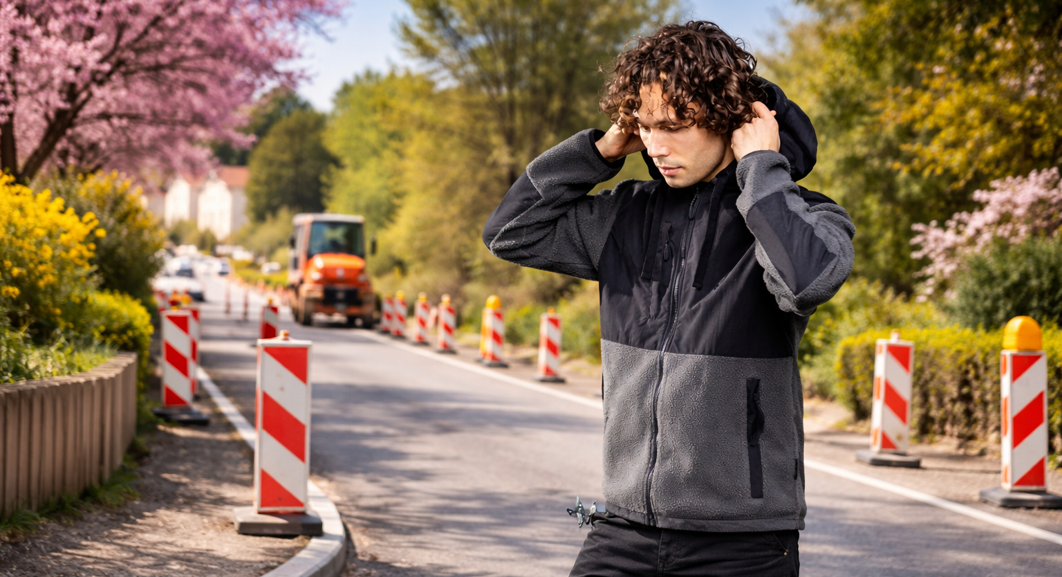 Un uomo con una giacca in pile grigia e nera in un cantiere stradale in primavera. Si sistema il cappuccio, mentre sullo sfondo si vedono barriere di cantiere rosse e bianche, un veicolo da cantiere arancione e alberi in fiore lungo la strada.