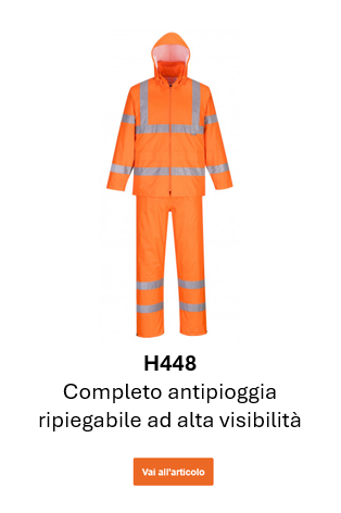 Immagine della tuta antipioggia ad alta visibilità H448, facile da riporre, arancione con strisce riflettenti e link alla pagina del prodotto.