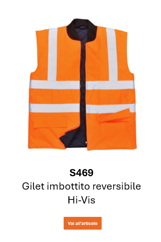 Immagine del gilet antipioggia reversibile impermeabile ad alta visibilità S469, arancione con strisce riflettenti e link alla pagina del prodotto.